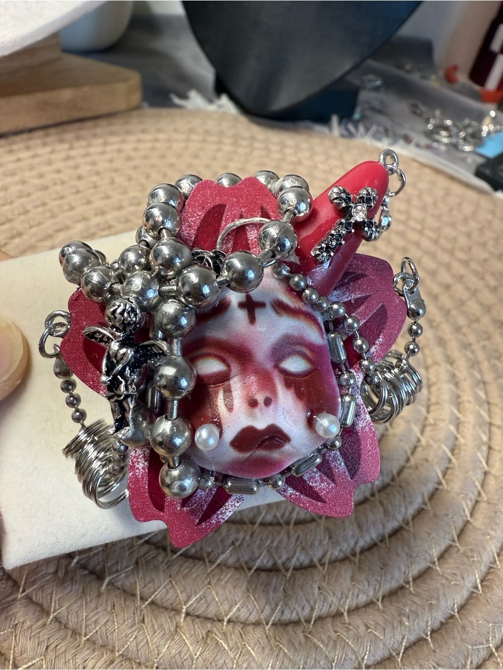 Crazy Pink Face skull adjustable ring